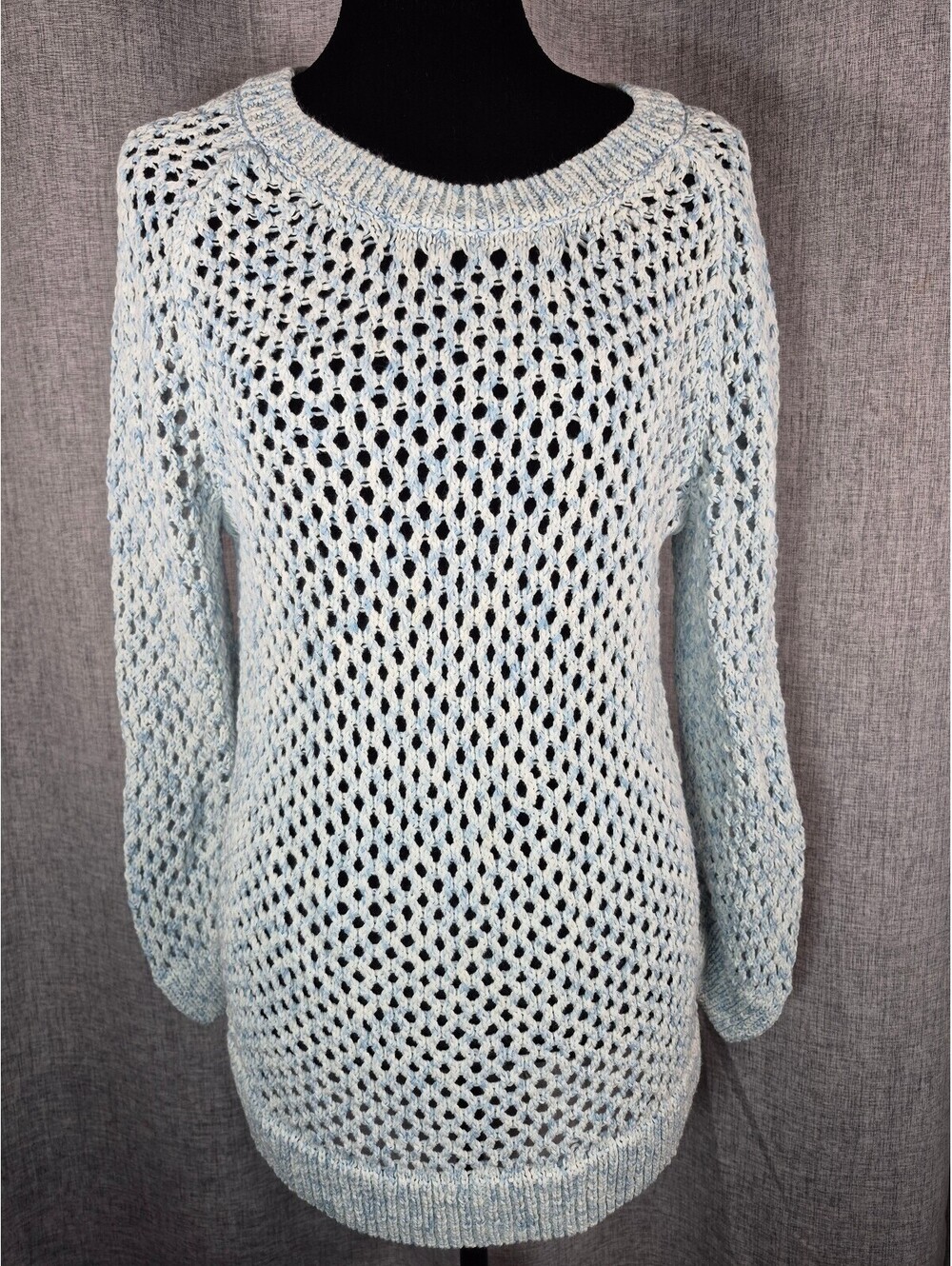 Gap Women’s Large Blue White Open Knit Crochet Sweater Long Sleeve